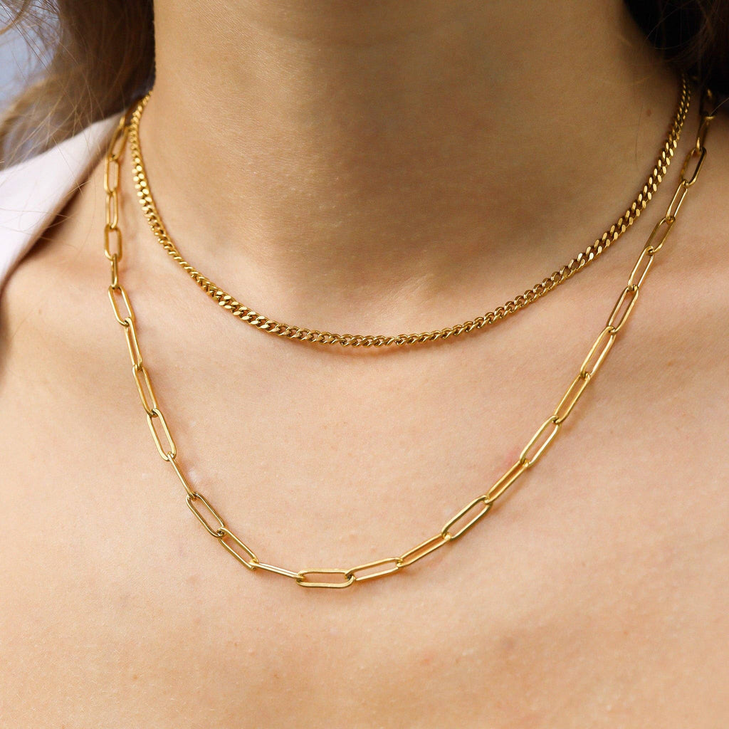 18K Gold PVD Stainless Steel Curb and Paperclip Layered Chain Necklace: Gold