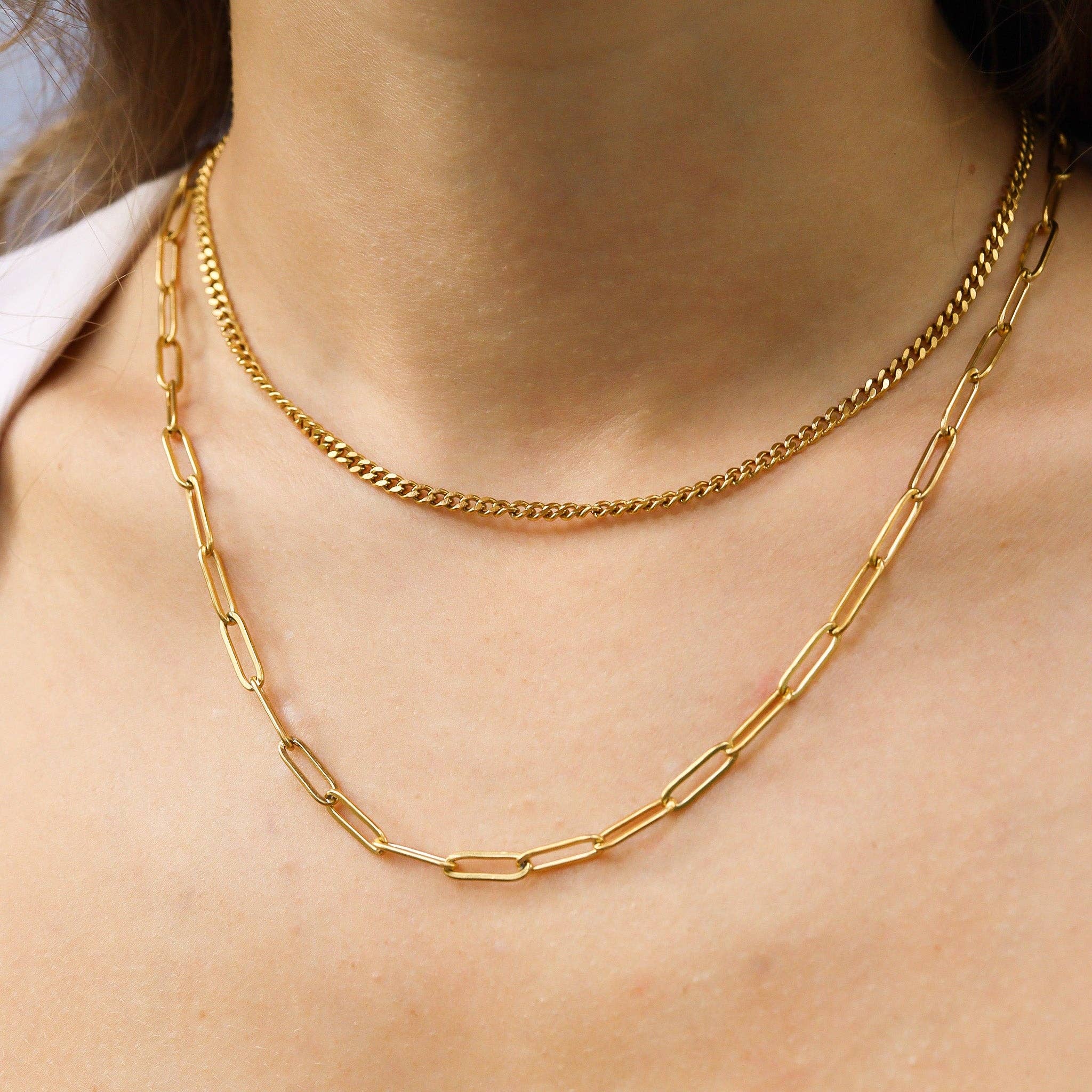18K Gold PVD Stainless Steel Curb and Paperclip Layered Chain Necklace: Gold