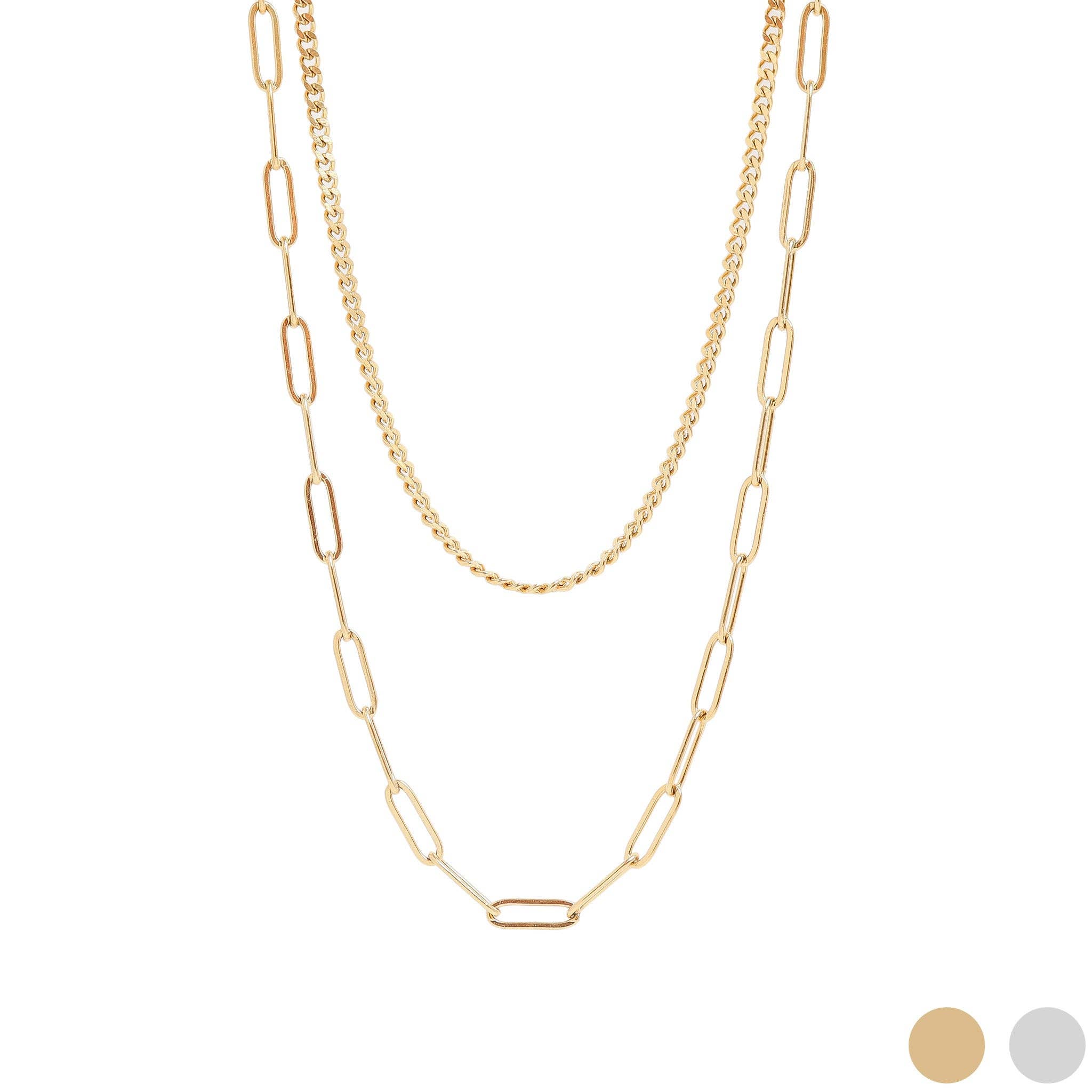 18K Gold PVD Stainless Steel Curb and Paperclip Layered Chain Necklace: Gold